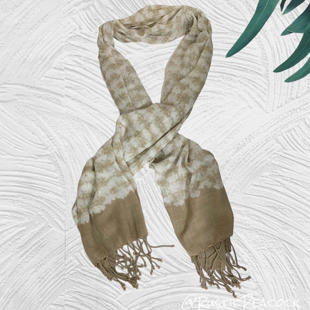 Boho Abstract Necktie Scarf Women's 74" Tan White Neutral Casual Shawl Fringe